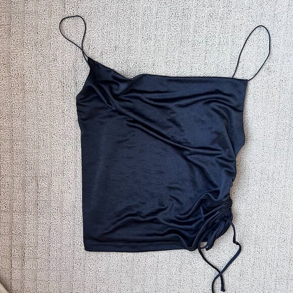 Zara | Black Satin Tank with Cute Ruched Side Detail - Picture 3 of 5